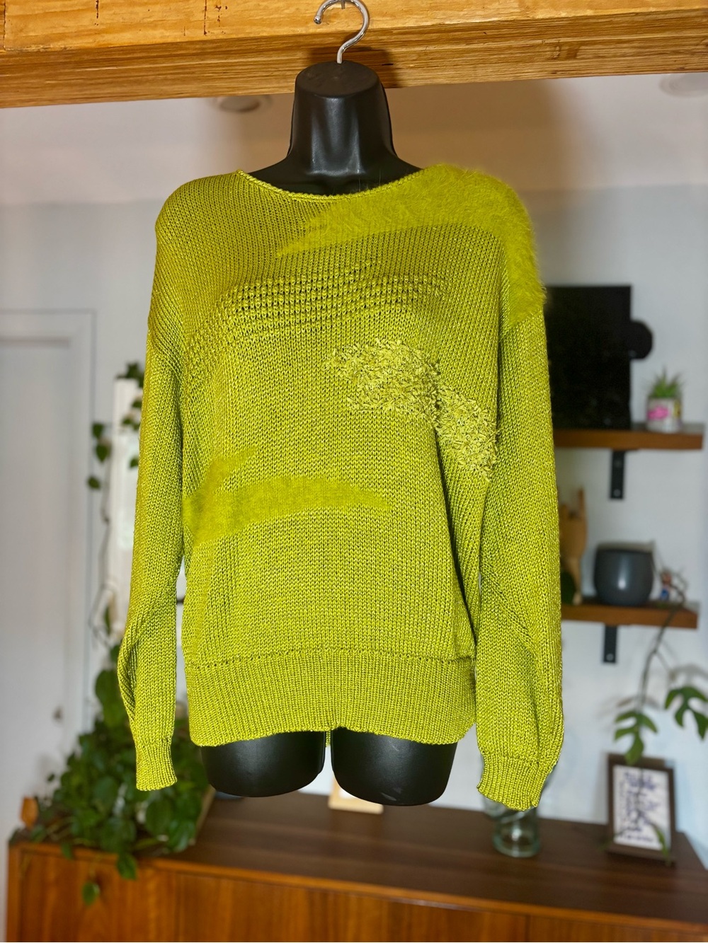 Vintage Franco Valeri Multi-Texture Knit Sweater - Vibrant Chartreuse - Size L -